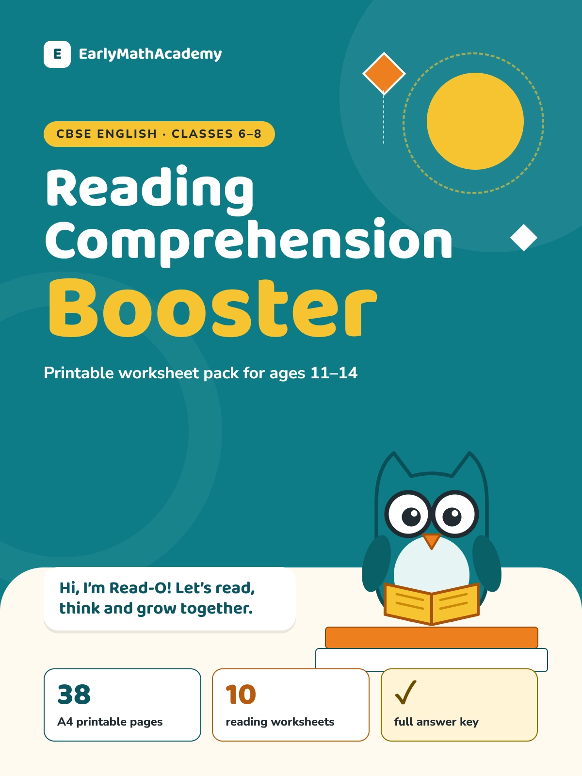 Cover of the Reading Comprehension Booster for CBSE English Classes 6-8: 38 A4 printable pages, 10 reading worksheets and a full answer key