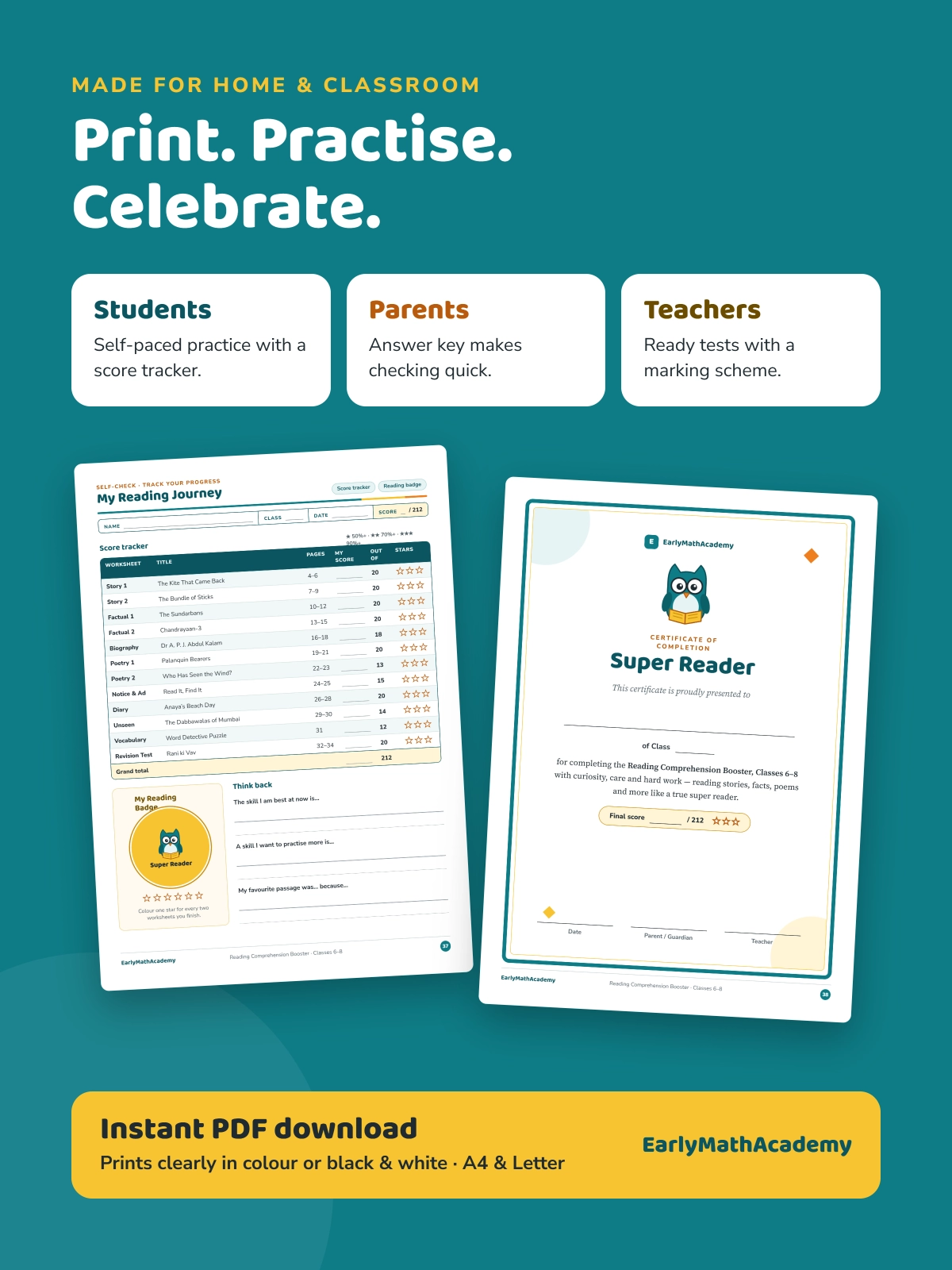 Made for students, parents and teachers: the Reading Journey score tracker page and a Super Reader certificate of completion